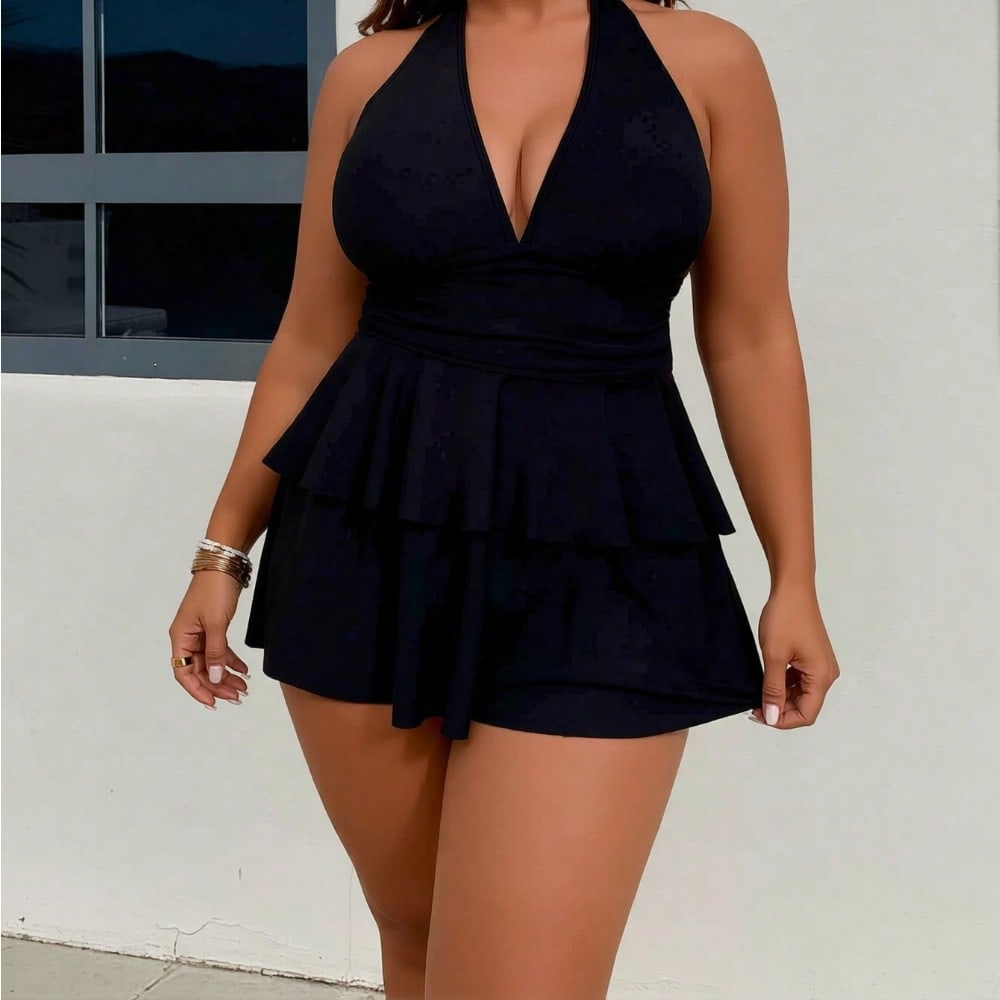 2026 New Plus Size Black Halter Sun Protection Tankini Set Double Layer Ruffle Tummy Control Two Piece Swimwear