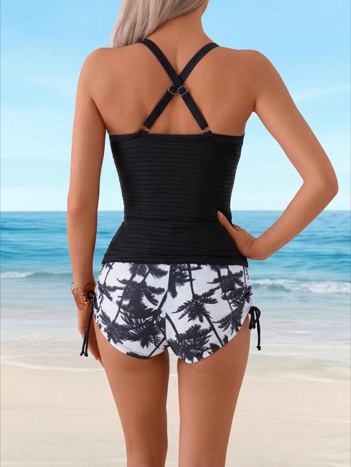 2026 New Coconut Tree Print Tankini Set, Ruched Waist & Side Drawstring, Modest Tummy-Hiding Slimming Swimwear