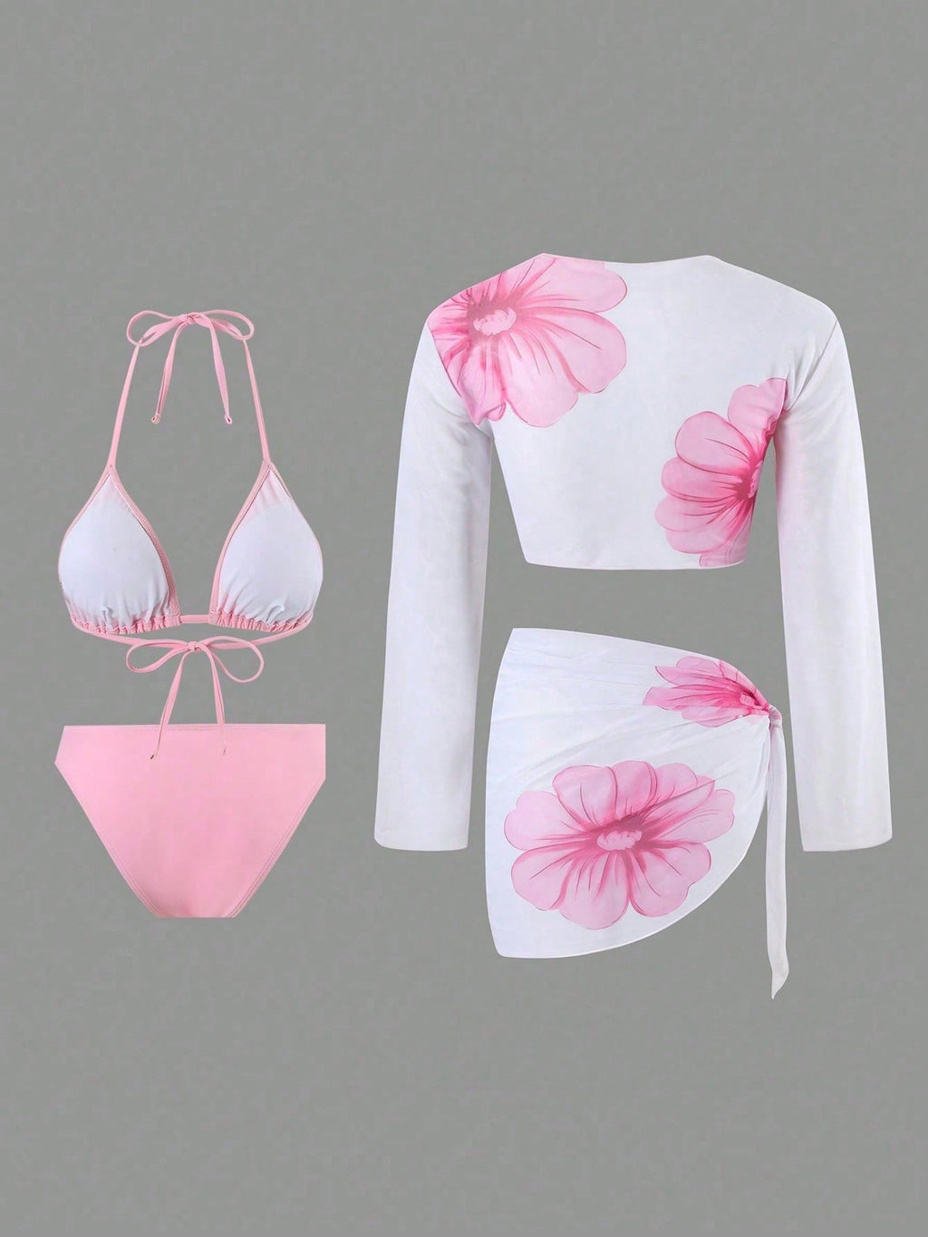 2026 New Pink 3-Piece Bikini Set, Halter Triangle Top & Mesh Cover Up & Skirt, Vacation Style Swimwear