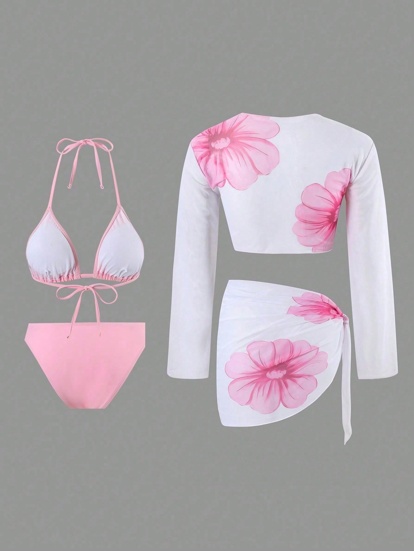 2026 New Pink 3-Piece Bikini Set, Halter Triangle Top & Mesh Cover Up & Skirt, Vacation Style Swimwear