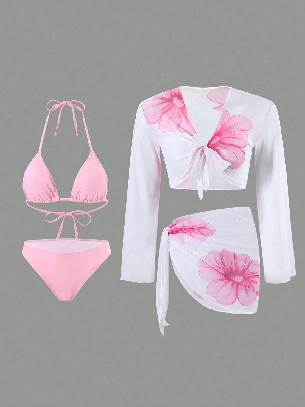 2026 New Pink 3-Piece Bikini Set, Halter Triangle Top & Mesh Cover Up & Skirt, Vacation Style Swimwear