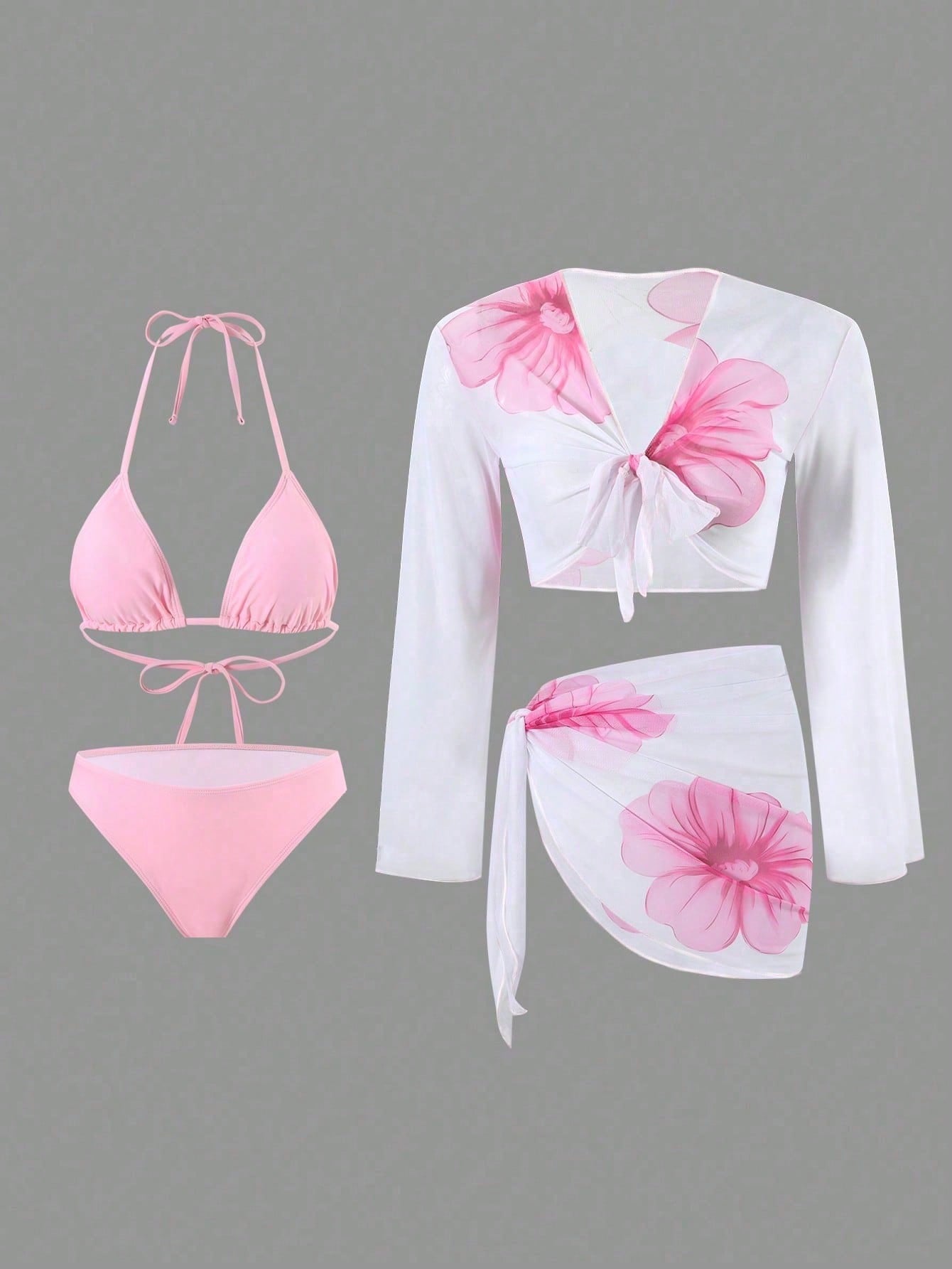 2026 New Pink 3-Piece Bikini Set, Halter Triangle Top & Mesh Cover Up & Skirt, Vacation Style Swimwear