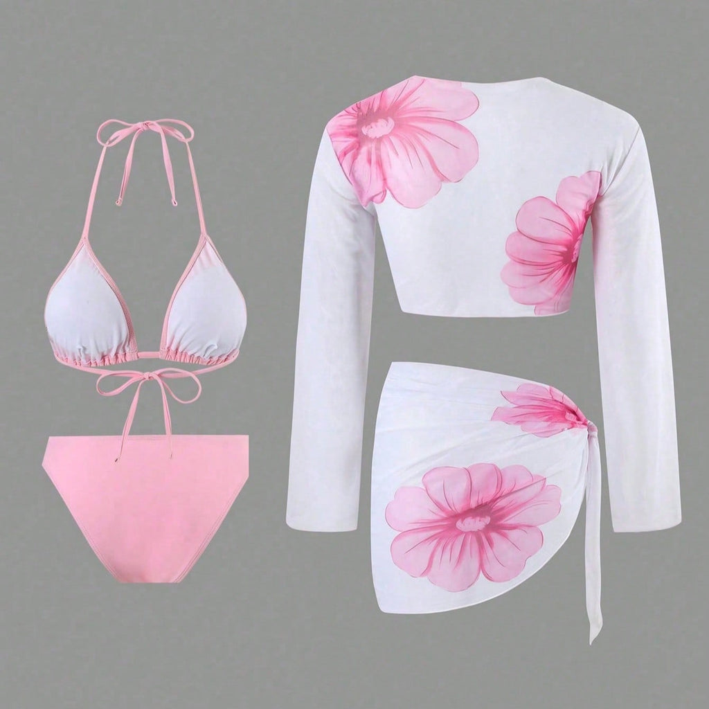 2026 New Pink 3-Piece Bikini Set, Halter Triangle Top & Mesh Cover Up & Skirt, Vacation Style Swimwear
