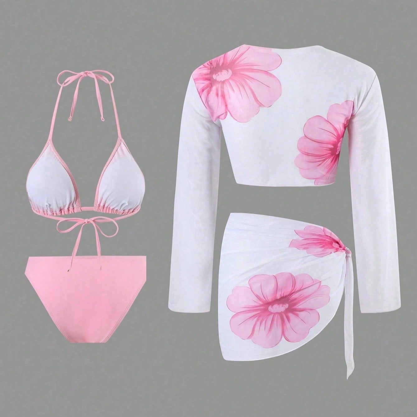 2026 New Pink 3-Piece Bikini Set, Halter Triangle Top & Mesh Cover Up & Skirt, Vacation Style Swimwear