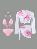 2026 New Pink 3-Piece Bikini Set, Halter Triangle Top & Mesh Cover Up & Skirt, Vacation Style Swimwear