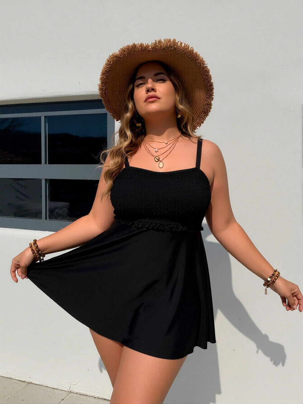 2026 New Plus Size  Protection Tankini Set Smocked Ruffle Tummy Control Two Piece Swimwear
