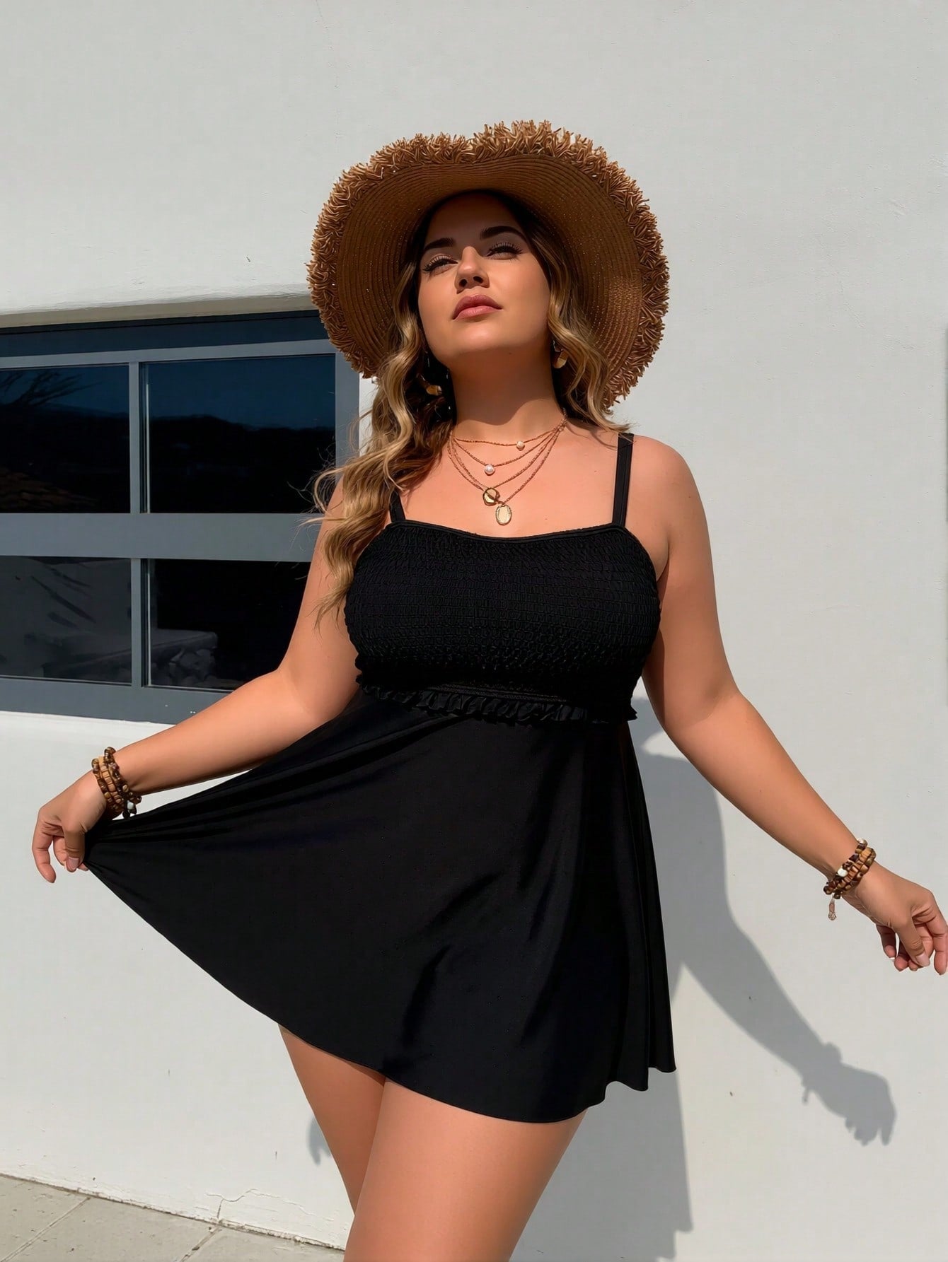 2026 New Plus Size  Protection Tankini Set Smocked Ruffle Tummy Control Two Piece Swimwear
