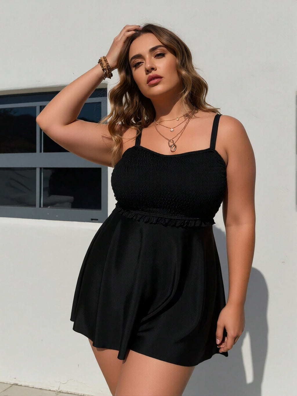 2026 New Plus Size  Protection Tankini Set Smocked Ruffle Tummy Control Two Piece Swimwear