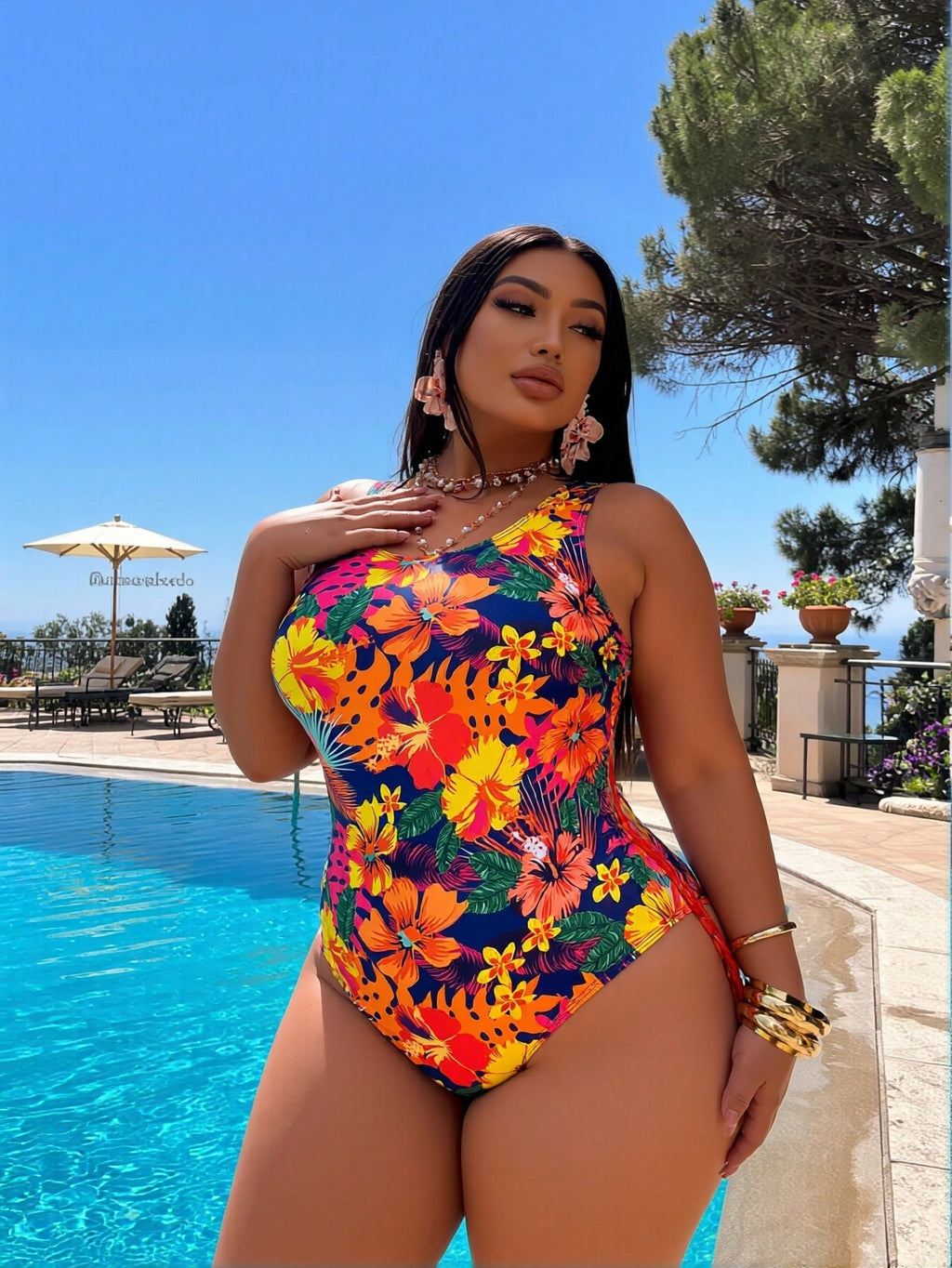 2026 New Tropical Floral One-Piece Swimsuit, Plus Size Sleeveless Round Neck & Side Tie, Slimming Tummy Control Beachwear