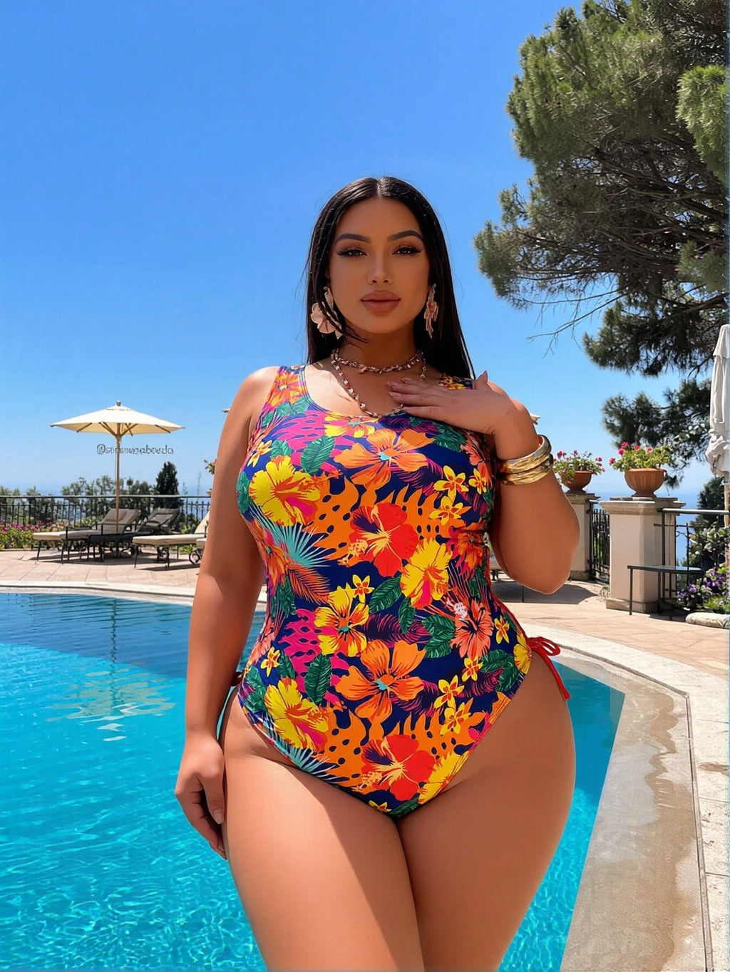 2026 New Tropical Floral One-Piece Swimsuit, Plus Size Sleeveless Round Neck & Side Tie, Slimming Tummy Control Beachwear