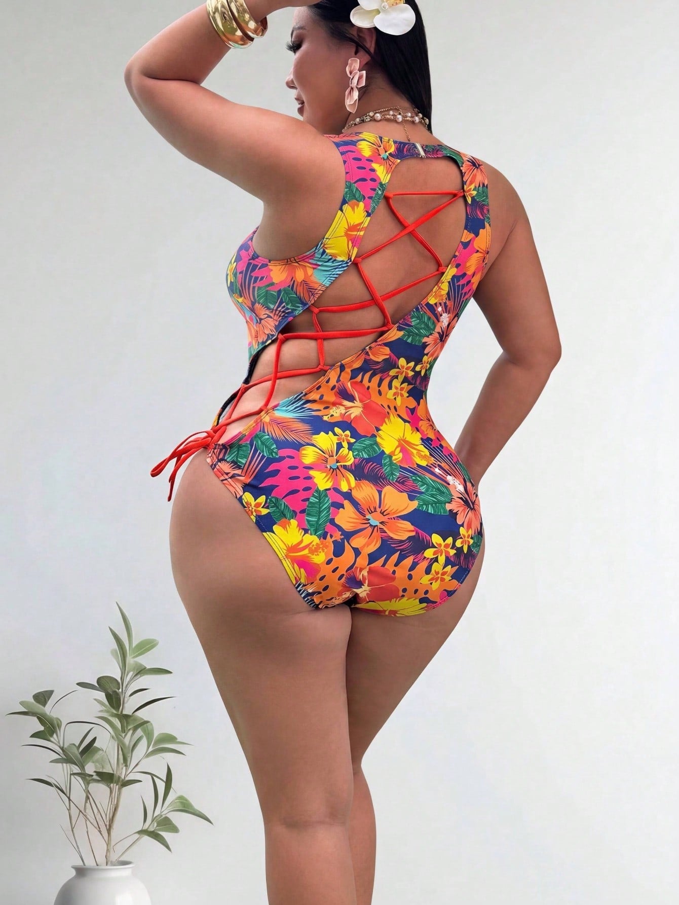 2026 New Tropical Floral One-Piece Swimsuit, Plus Size Sleeveless Round Neck & Side Tie, Slimming Tummy Control Beachwear