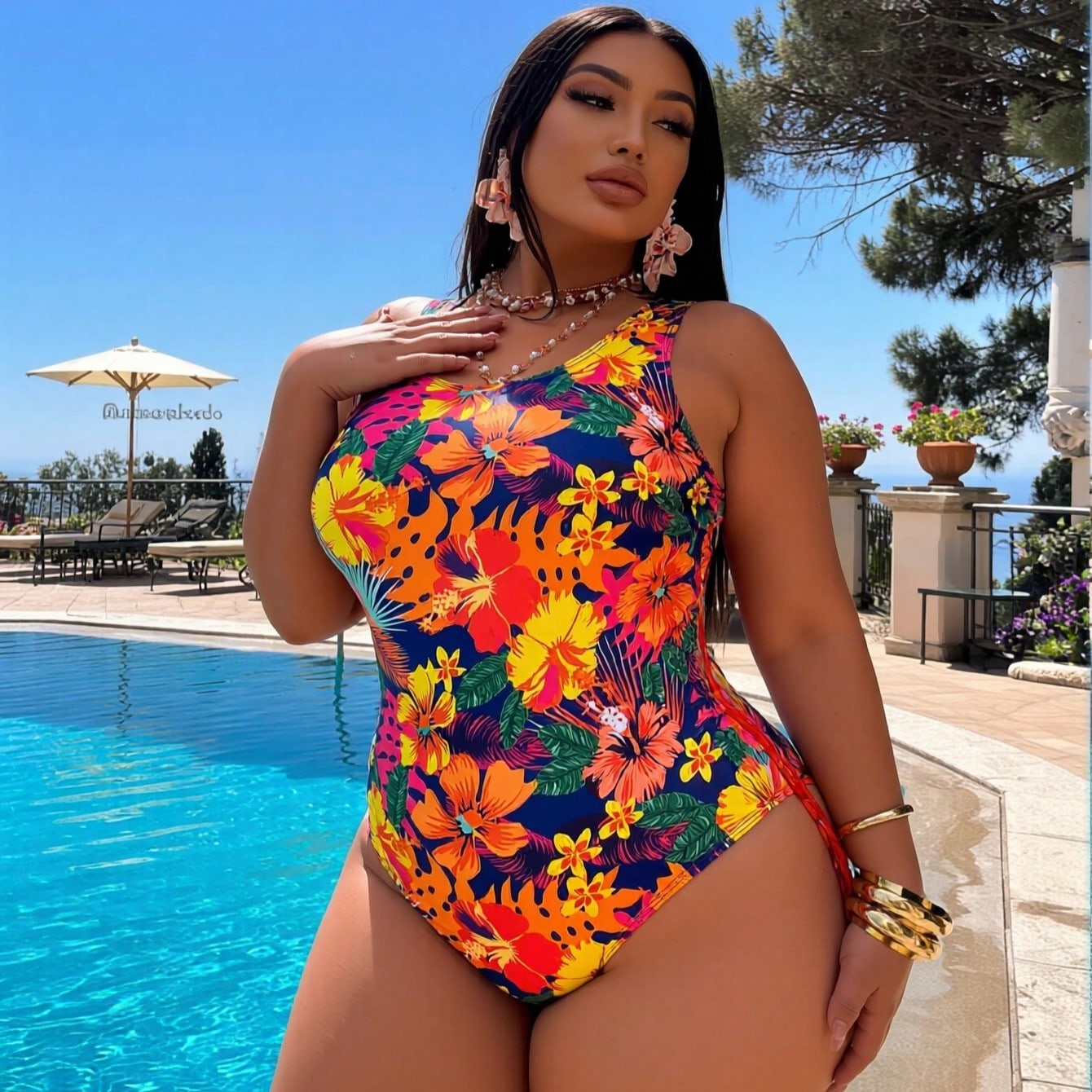 2026 New Tropical Floral One-Piece Swimsuit, Plus Size Sleeveless Round Neck & Side Tie, Slimming Tummy Control Beachwear