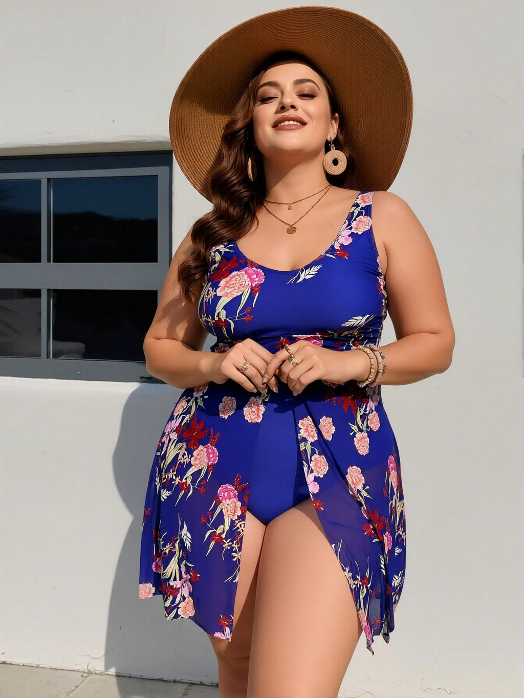 2026 New Plus Size Royal Blue Floral Print Sun Protection Swimdress One Piece Swimsuit Slit Tummy Control Swimwear