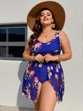 2026 New Plus Size Royal Blue Floral Print Sun Protection Swimdress One Piece Swimsuit Slit Tummy Control Swimwear