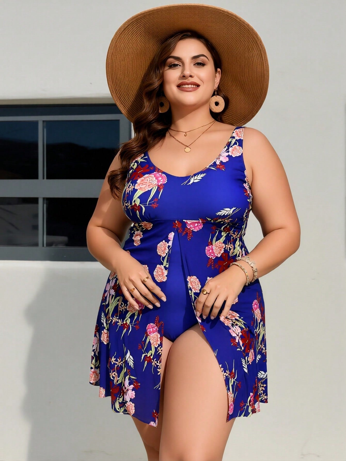 2026 New Plus Size Royal Blue Floral Print Sun Protection Swimdress One Piece Swimsuit Slit Tummy Control Swimwear