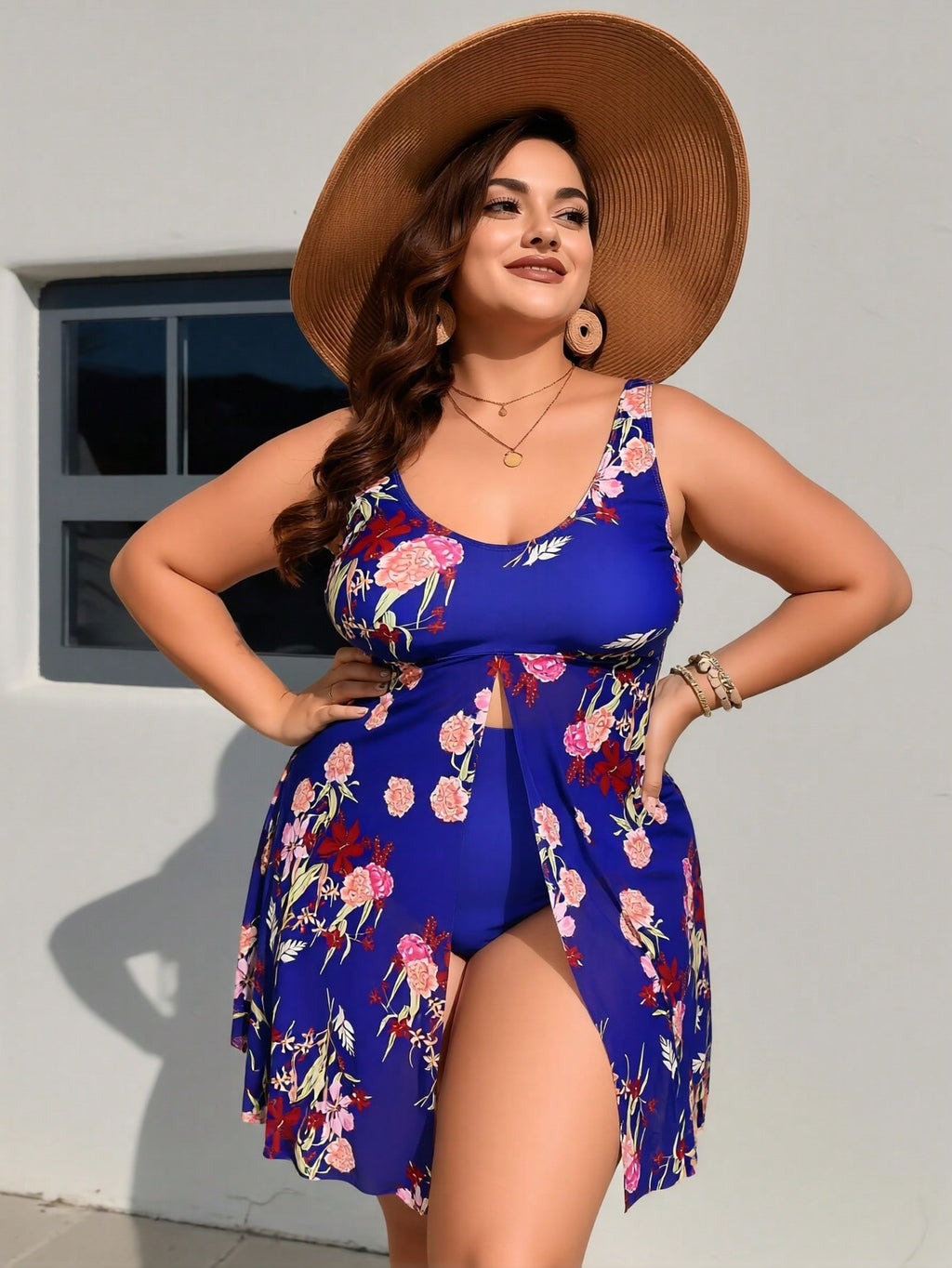 2026 New Plus Size Royal Blue Floral Print Sun Protection Swimdress One Piece Swimsuit Slit Tummy Control Swimwear