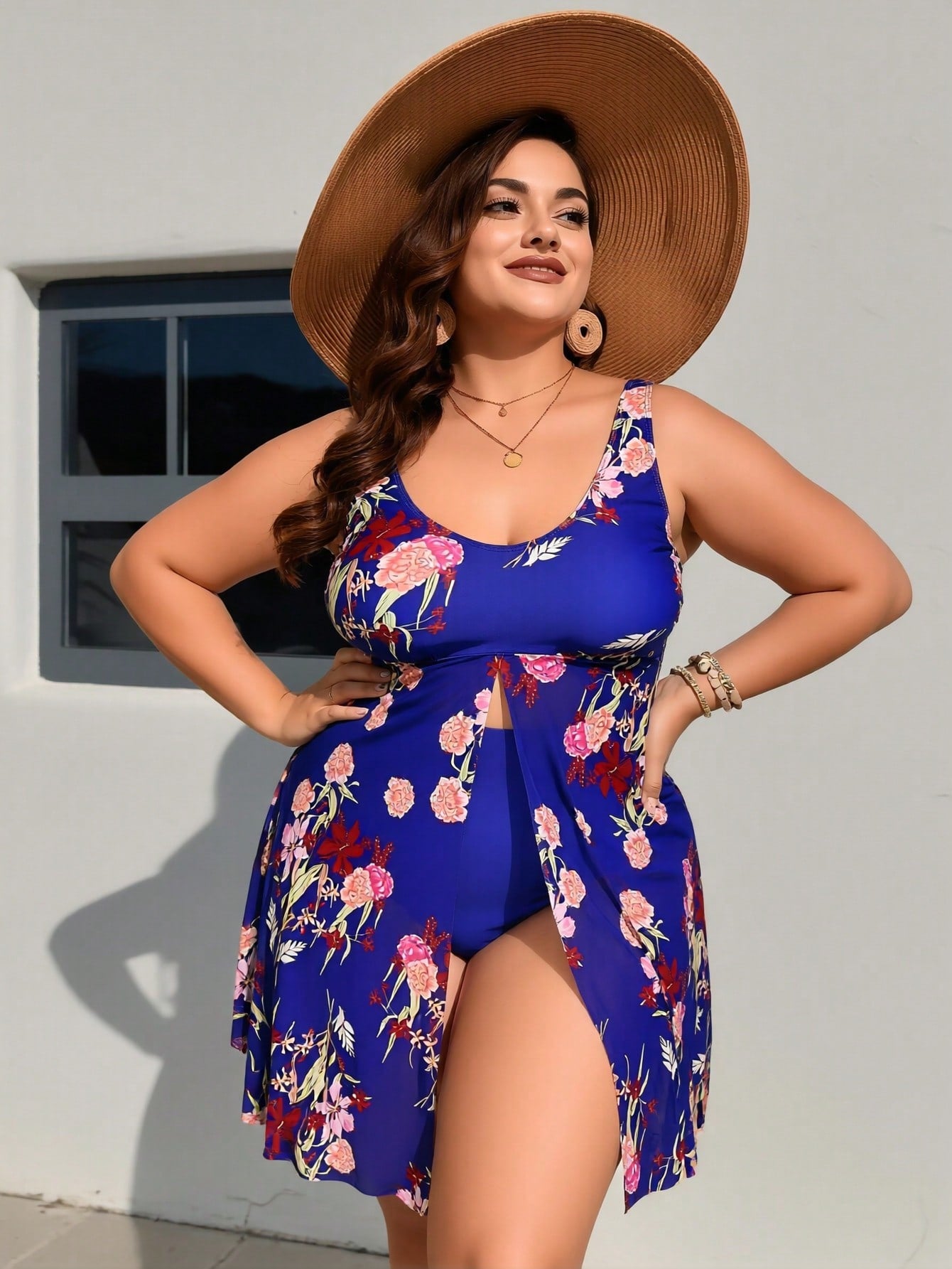 2026 New Plus Size Royal Blue Floral Print Sun Protection Swimdress One Piece Swimsuit Slit Tummy Control Swimwear