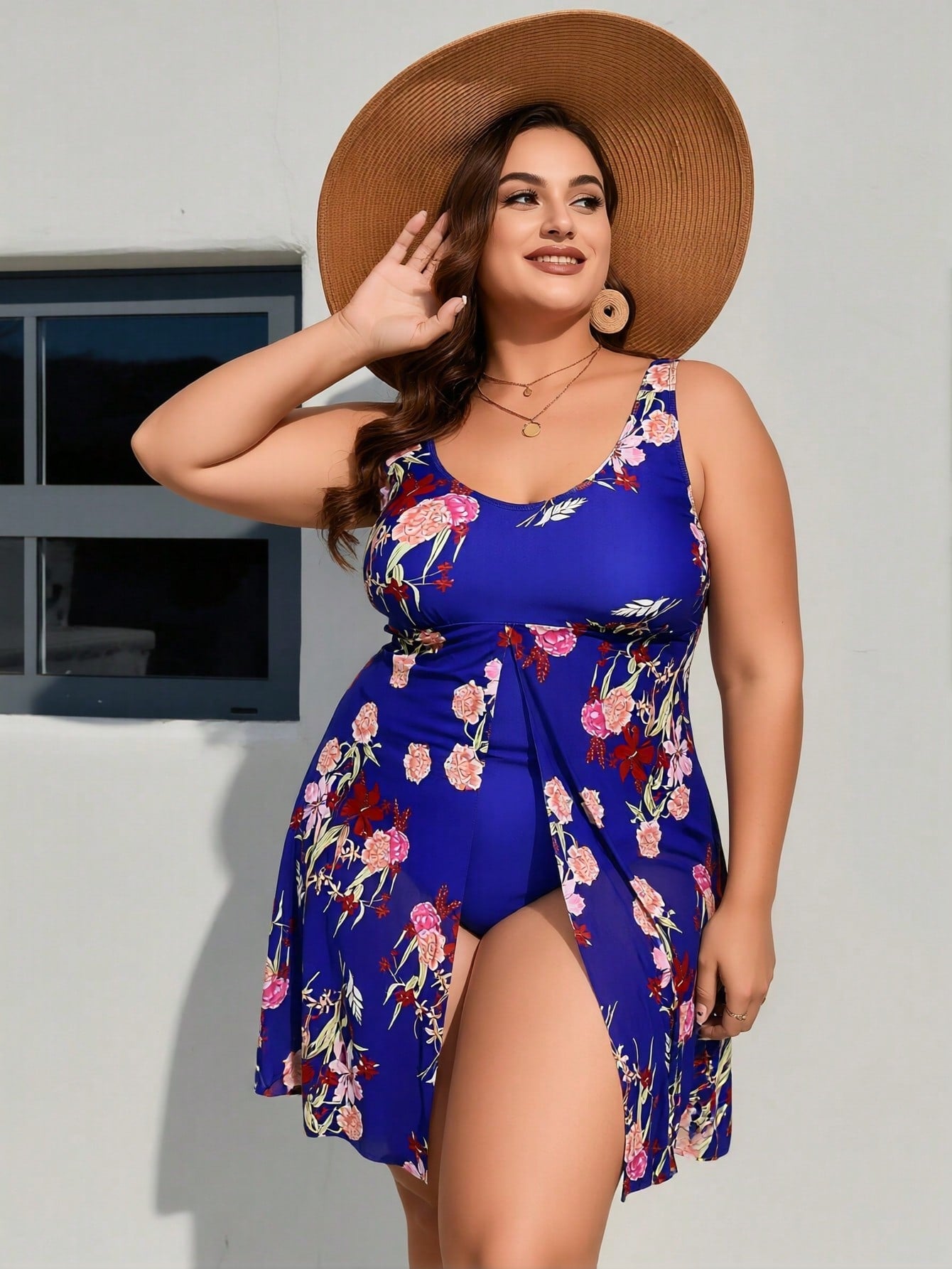 2026 New Plus Size Royal Blue Floral Print Sun Protection Swimdress One Piece Swimsuit Slit Tummy Control Swimwear