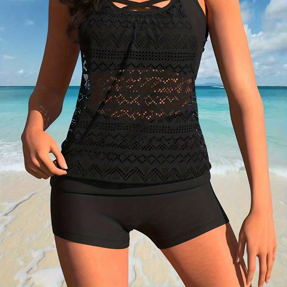 2026 New Black Lace Sun Protection Tankini Set Crisscross Neck Cutout Tummy Control Two Piece Swimwear