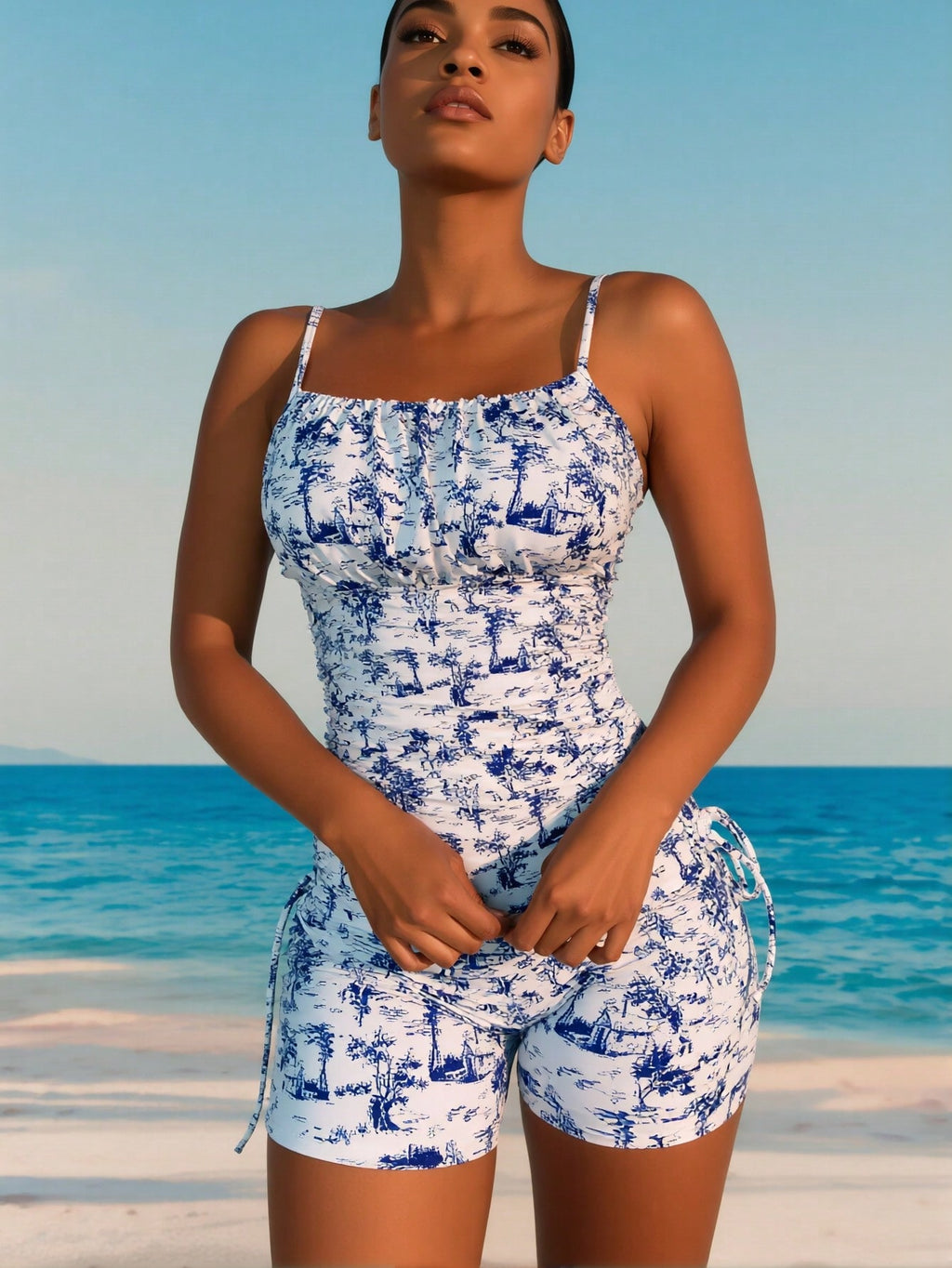 Blue And White Porcelain Print Ruched Side Tie Tankini Set
