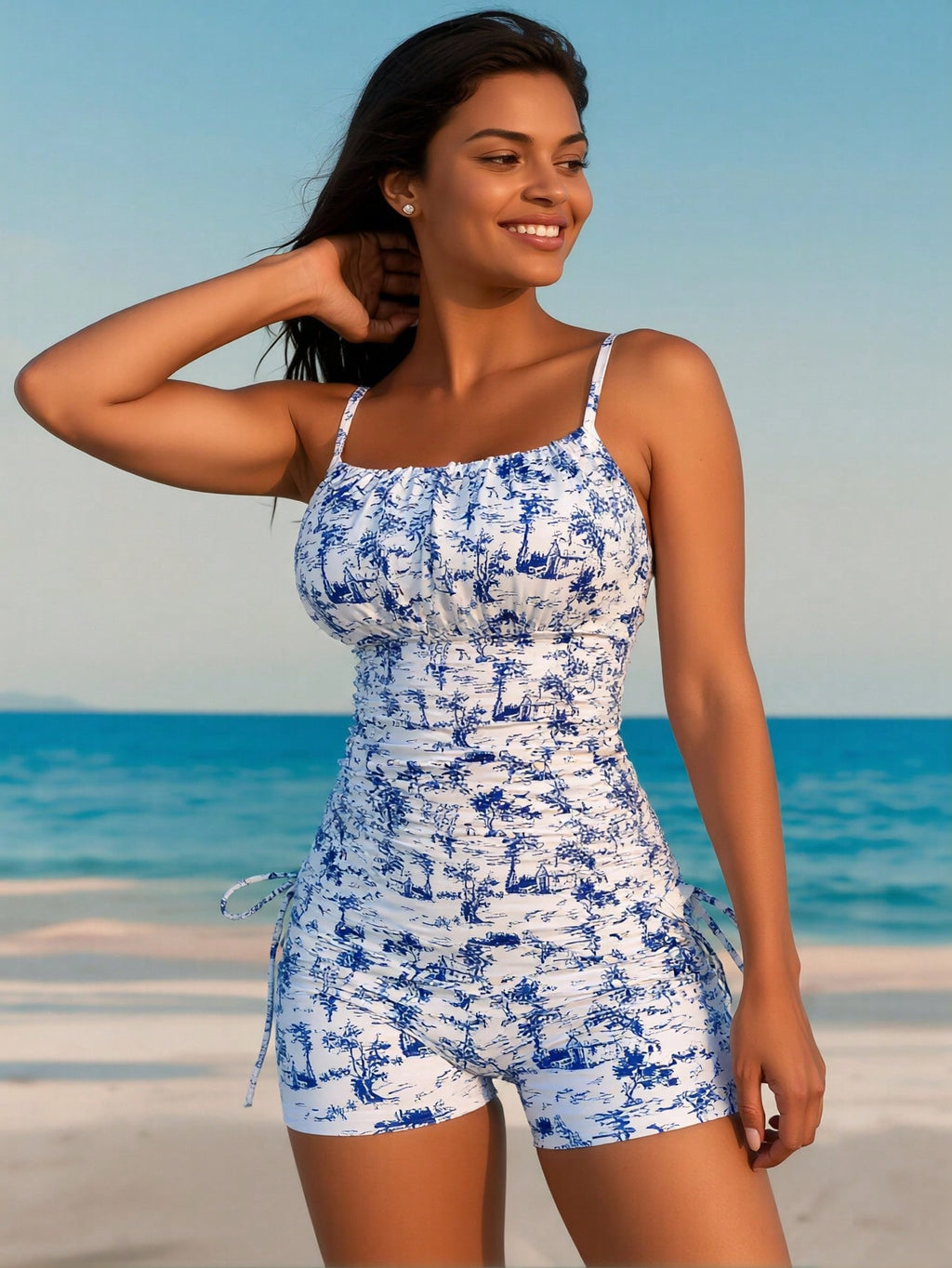 Blue And White Porcelain Print Ruched Side Tie Tankini Set
