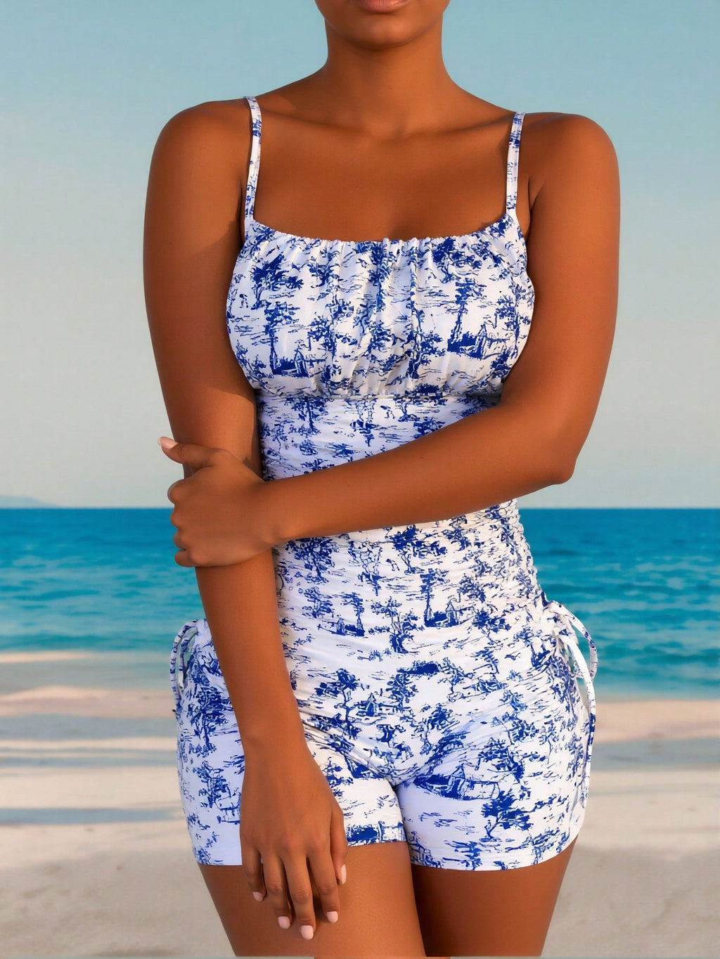 Blue And White Porcelain Print Ruched Side Tie Tankini Set