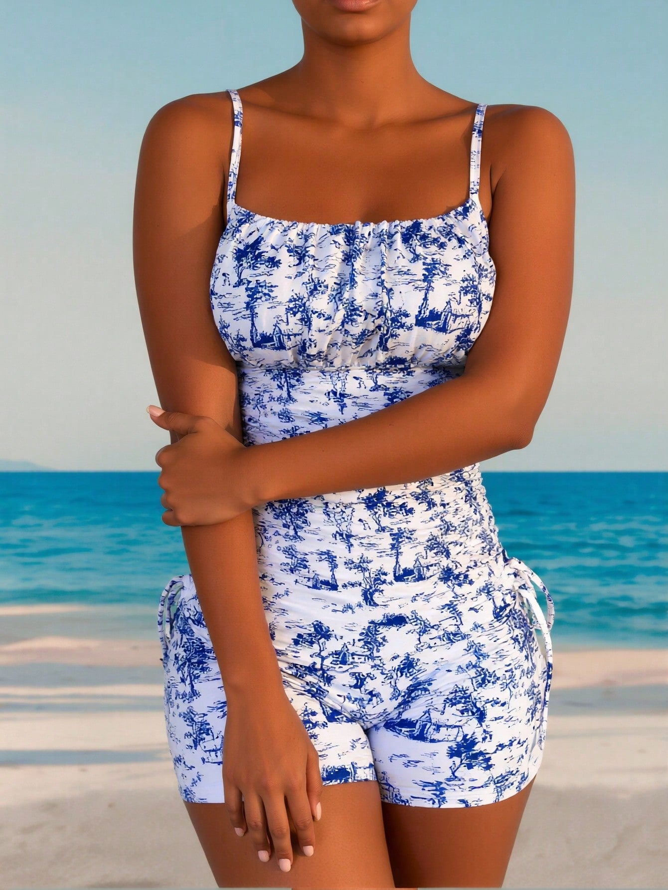 Blue And White Porcelain Print Ruched Side Tie Tankini Set