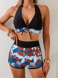 2026 New Blue Red Leaf Print Sun Protection Bikini Set Halter Drawstring High Waist Two Piece Swimwear