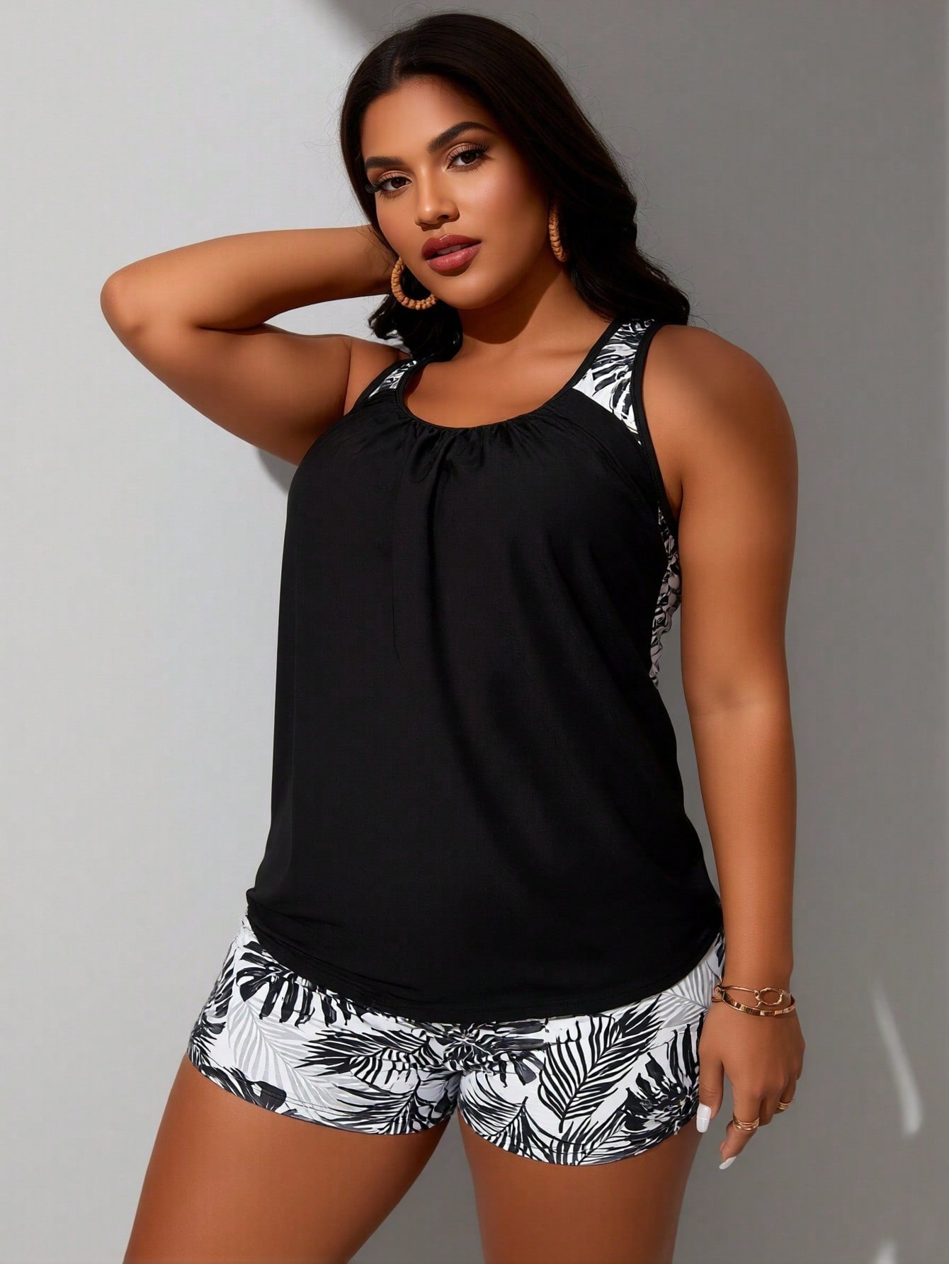 Plus Size Black Palm Leaf Print Racerback Tankini Swimsuits For Women
