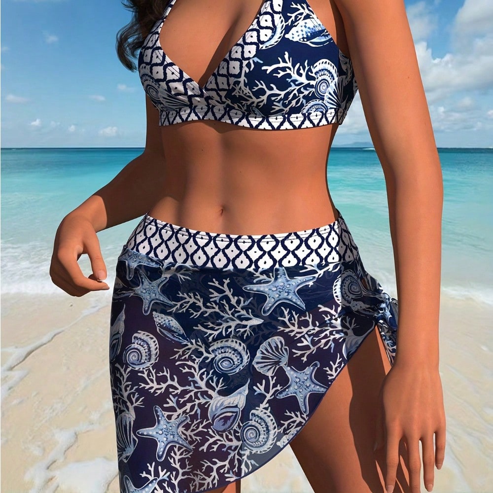 2026 New Navy Marine Life Print Sun Protection Bikini Set Halter Triangle Top + Mesh Slit Cover Up Two Piece Swimwear