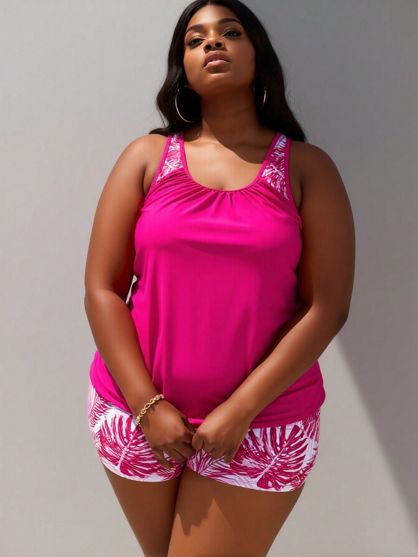 Plus Size Black Palm Leaf Print Racerback Tankini Swimsuits For Women