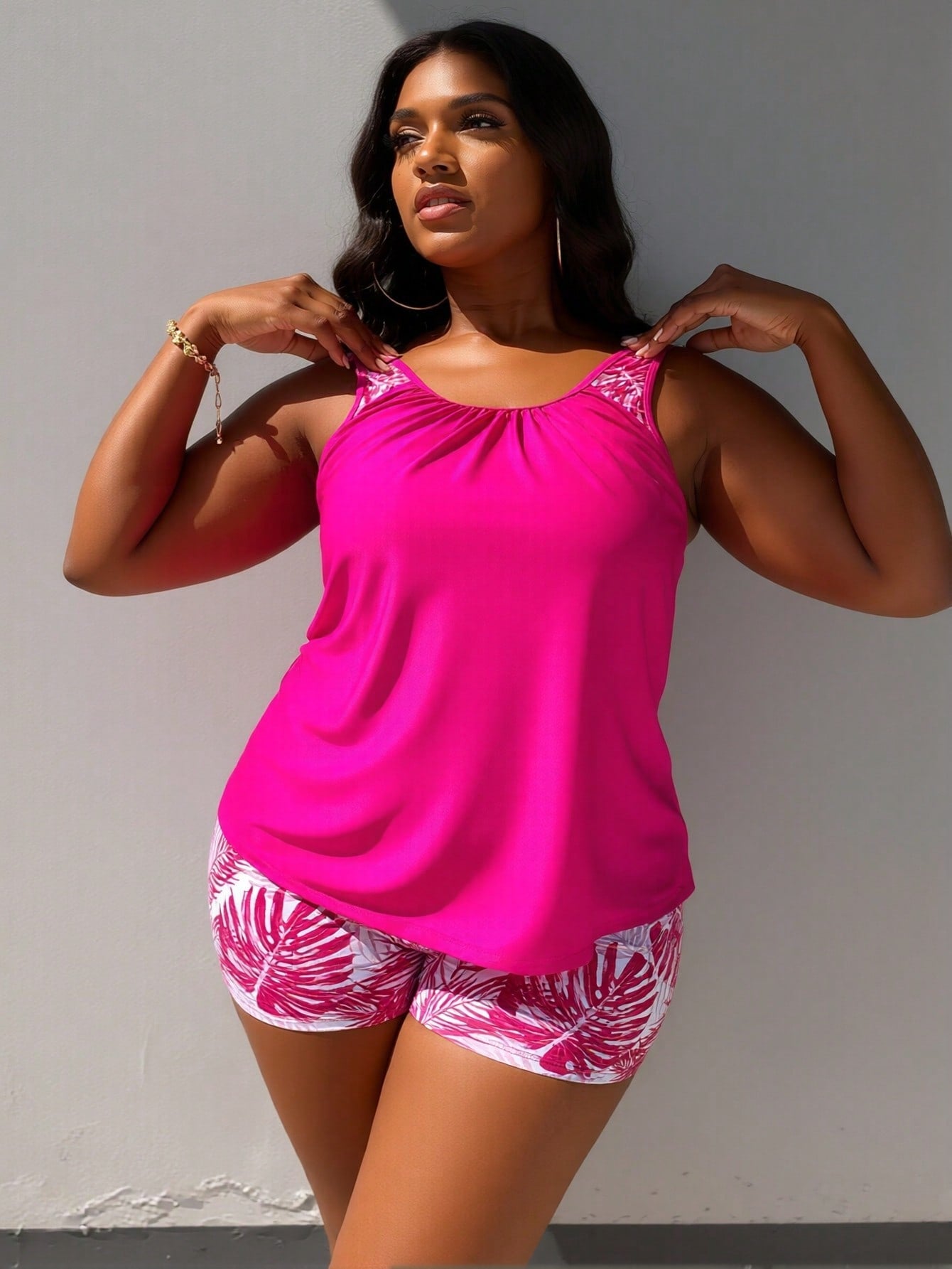 Plus Size Black Palm Leaf Print Racerback Tankini Swimsuits For Women