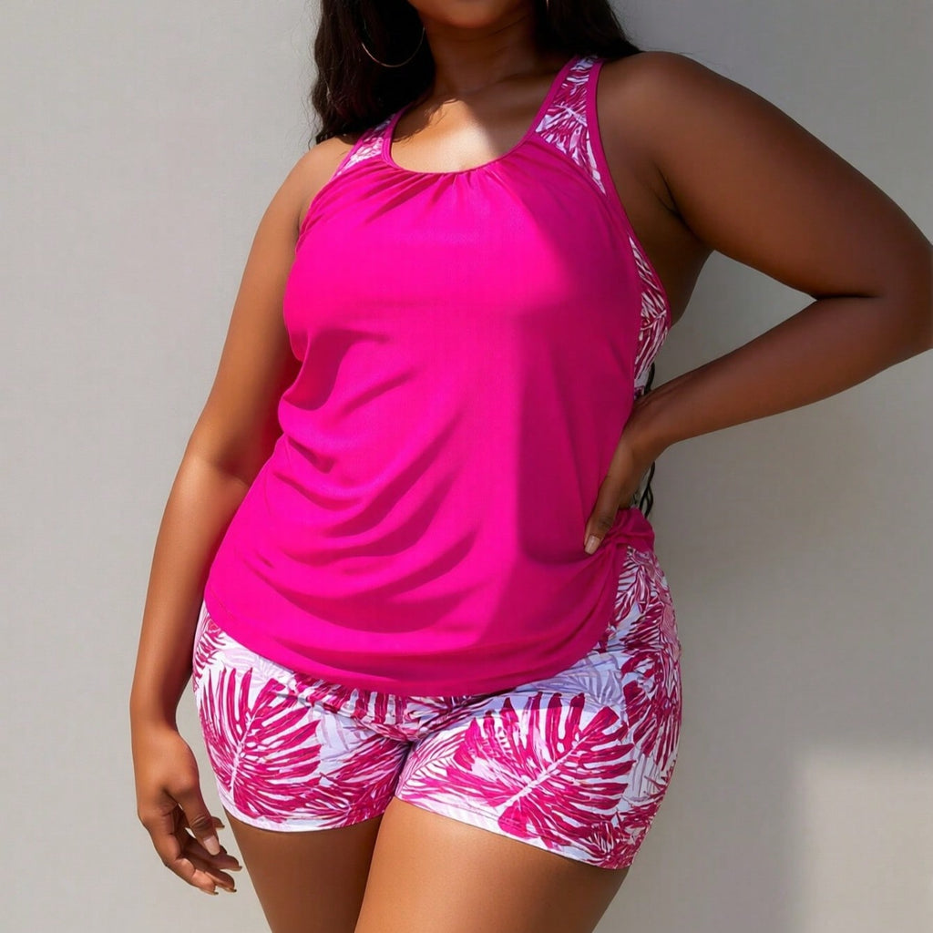 Plus Size Black Palm Leaf Print Racerback Tankini Swimsuits For Women