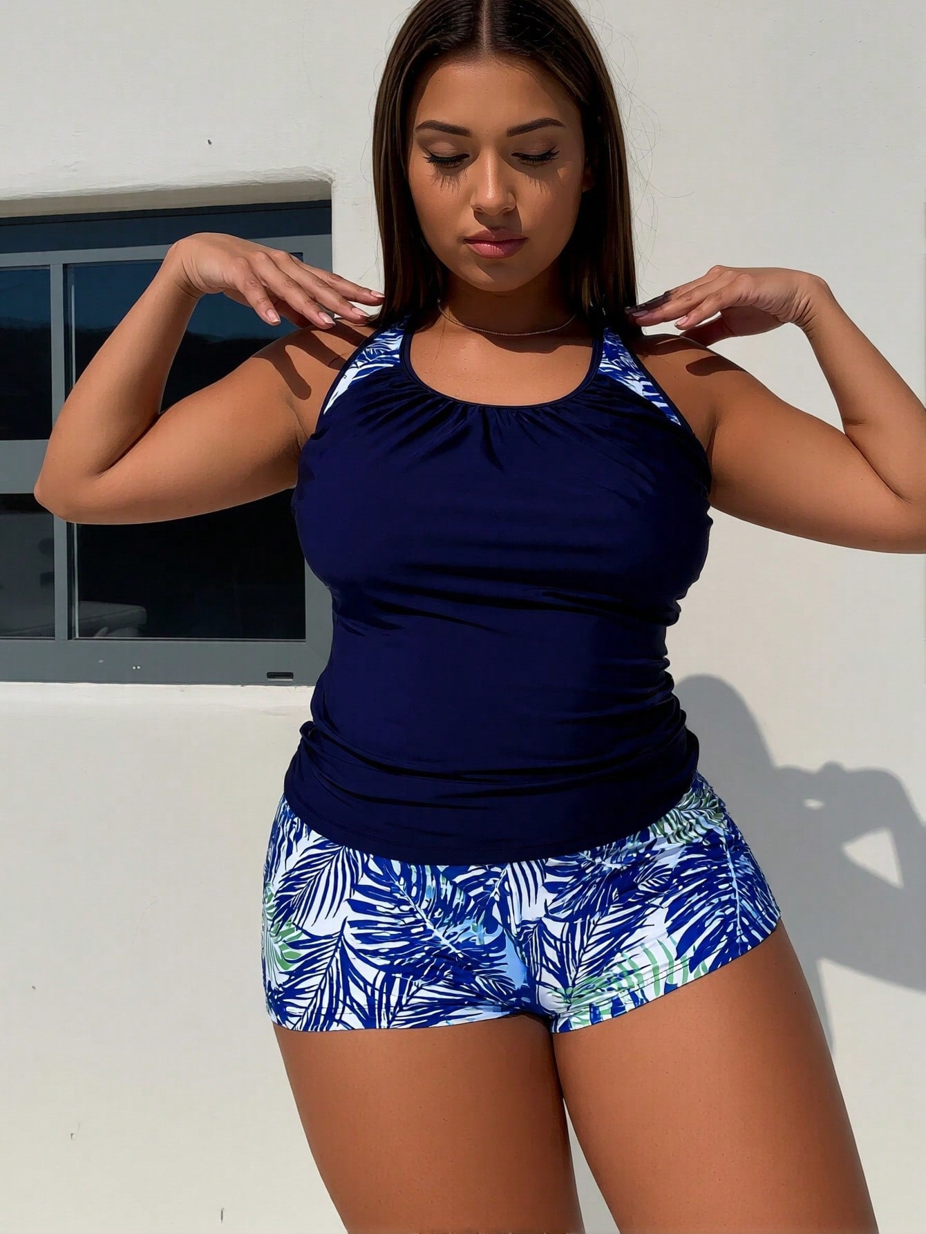 Plus Size Blue Palm Leaf Print Racerback Tankini Swimsuits For Women