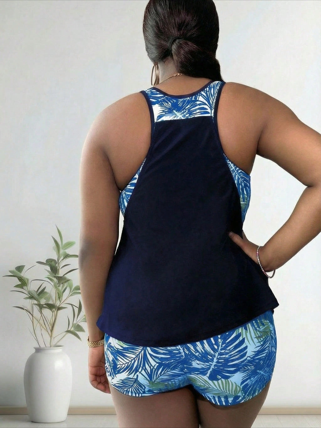 Plus Size Blue Palm Leaf Print Racerback Tankini Swimsuits For Women
