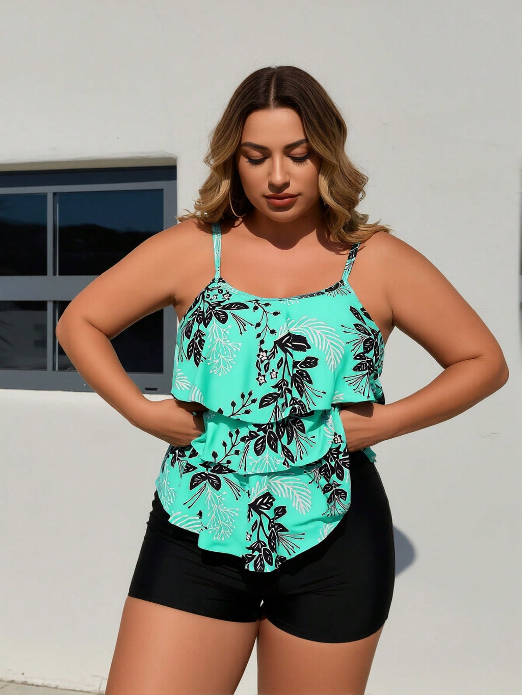 Plus Size Mint Green Floral Print Layered Ruffle Tankini Swimsuits For Women