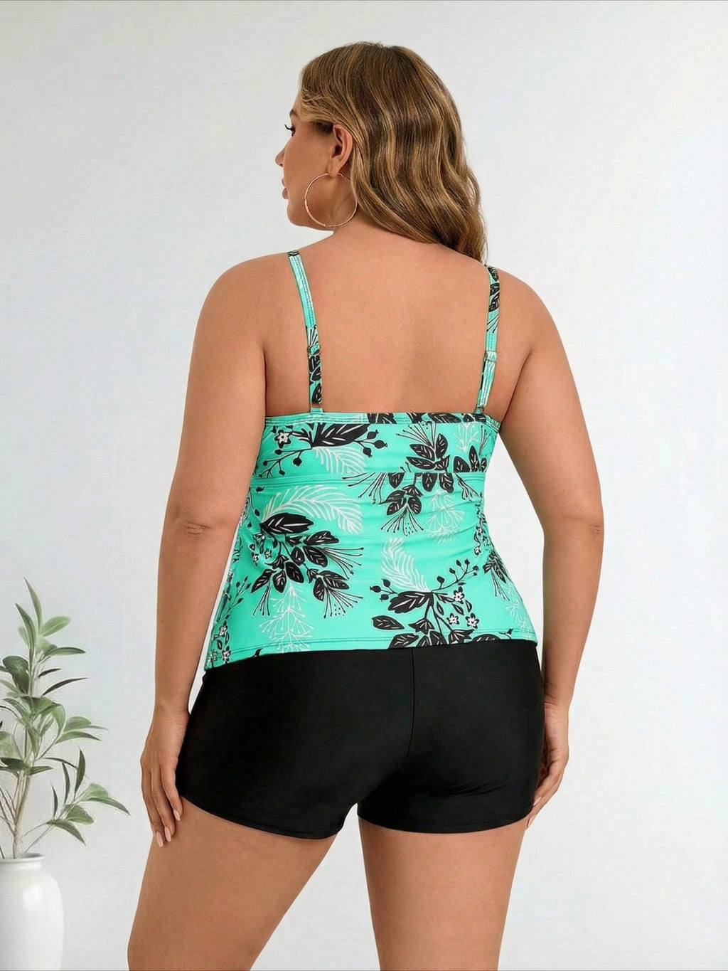 Plus Size Mint Green Floral Print Layered Ruffle Tankini Swimsuits For Women