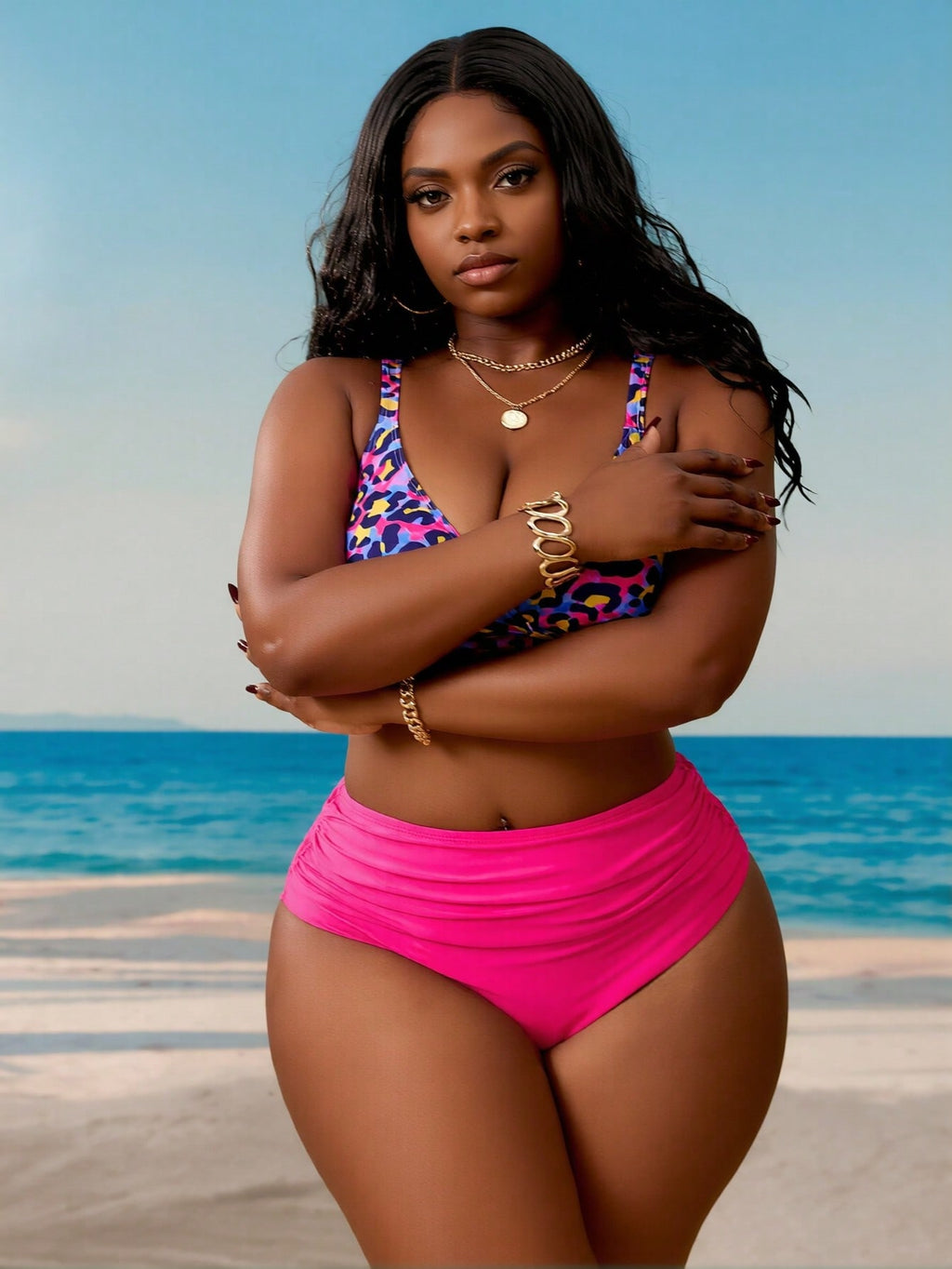 2026 New Luxury Leopard Print Bikini Set, V-Neck Cross Design & High Waist Bottom, Plus Size Tummy-Hiding Vacation Swimwear Bikini Set For Women