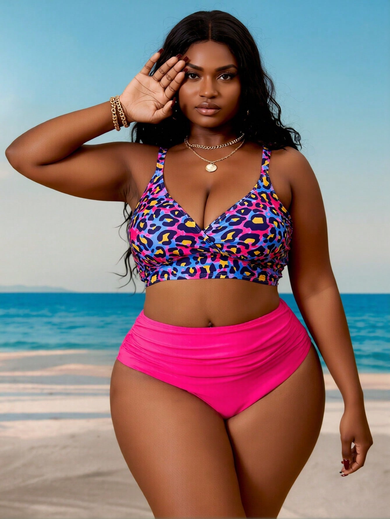 2026 New Luxury Leopard Print Bikini Set, V-Neck Cross Design & High Waist Bottom, Plus Size Tummy-Hiding Vacation Swimwear Bikini Set For Women