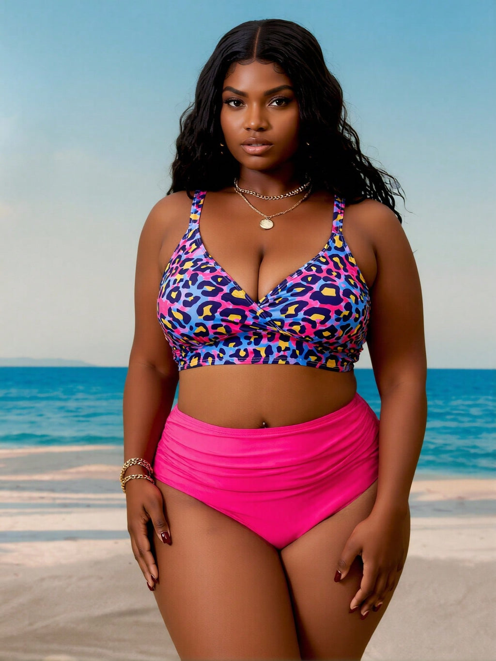 2026 New Luxury Leopard Print Bikini Set, V-Neck Cross Design & High Waist Bottom, Plus Size Tummy-Hiding Vacation Swimwear Bikini Set For Women