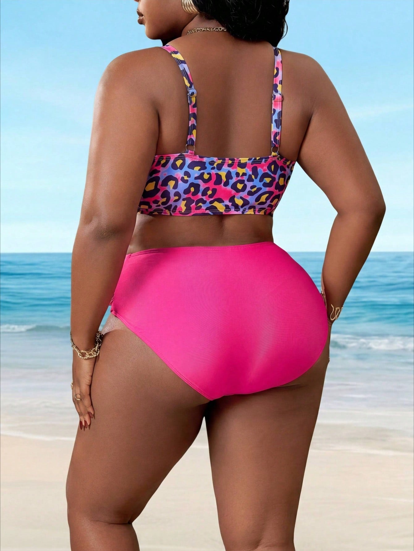 2026 New Luxury Leopard Print Bikini Set, V-Neck Cross Design & High Waist Bottom, Plus Size Tummy-Hiding Vacation Swimwear Bikini Set For Women