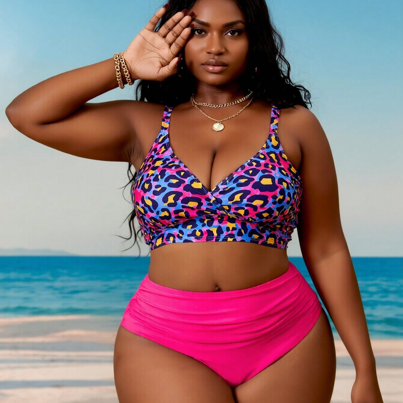 2026 New Luxury Leopard Print Bikini Set, V-Neck Cross Design & High Waist Bottom, Plus Size Tummy-Hiding Vacation Swimwear Bikini Set For Women
