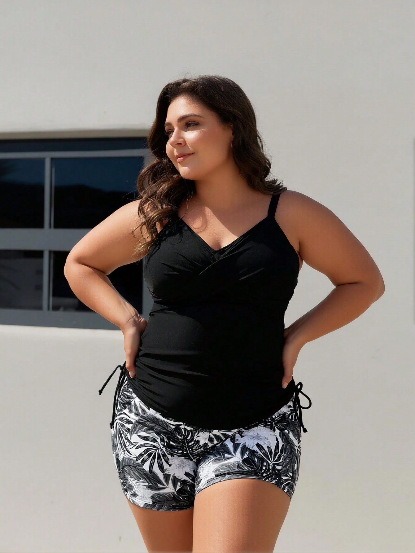 Plus Size Black Wrap Ruched Side Tie Tankini Swimsuits