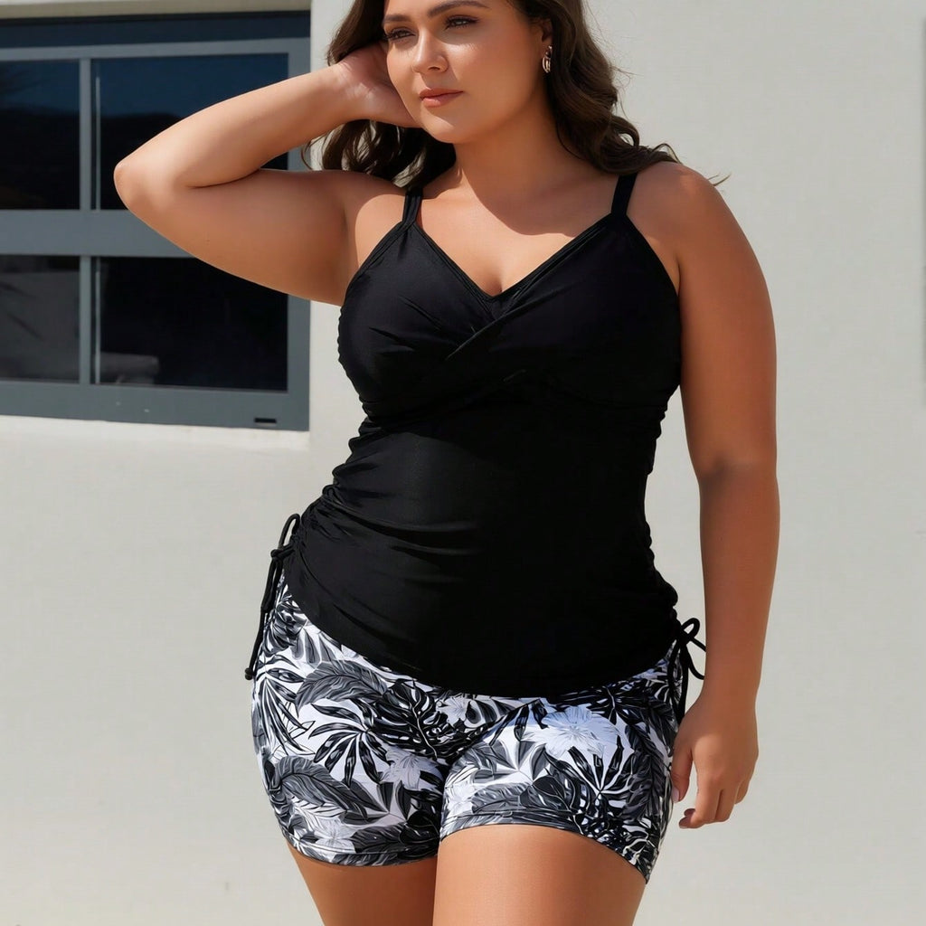 Plus Size Black Wrap Ruched Side Tie Tankini Swimsuits