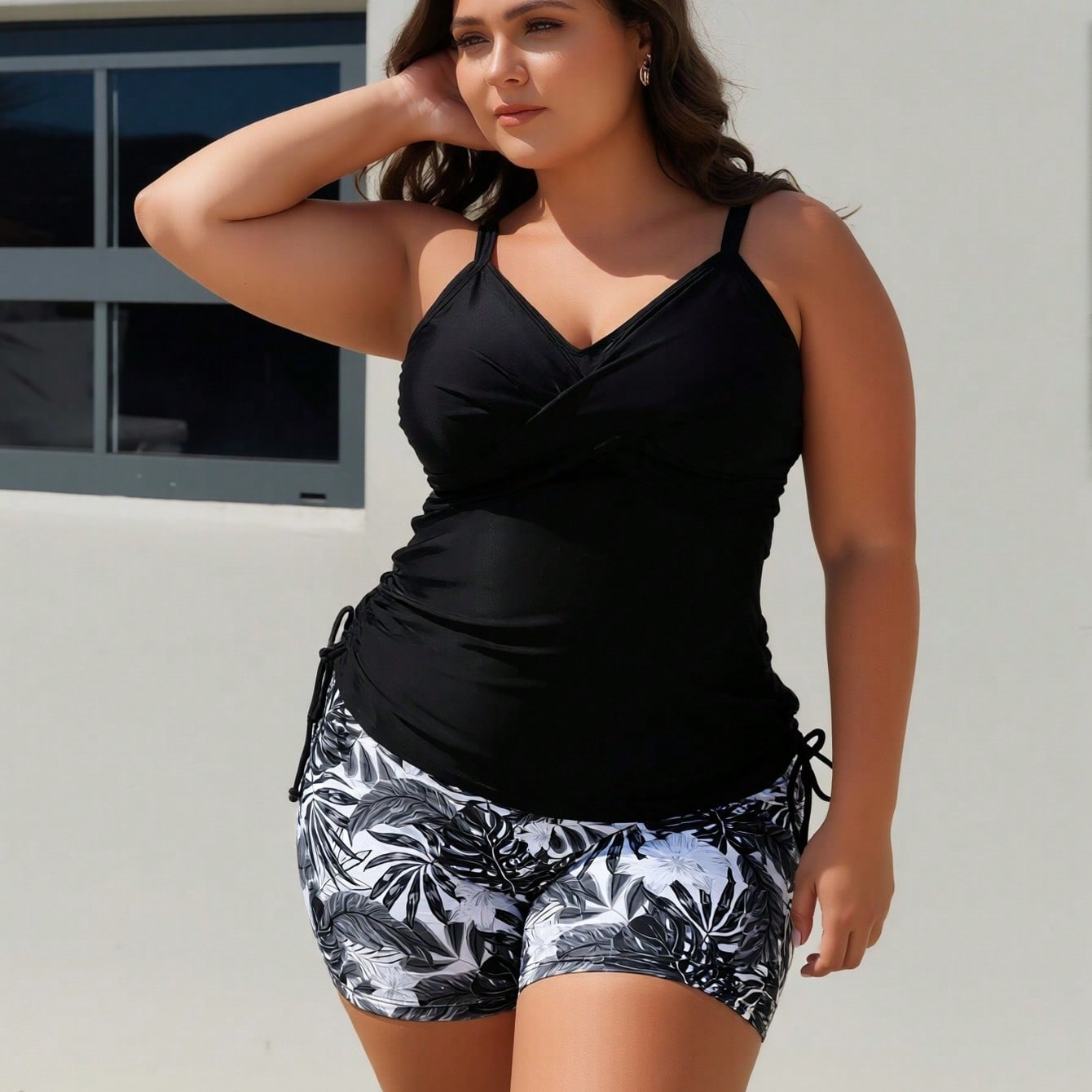 Plus Size Black Wrap Ruched Side Tie Tankini Swimsuits