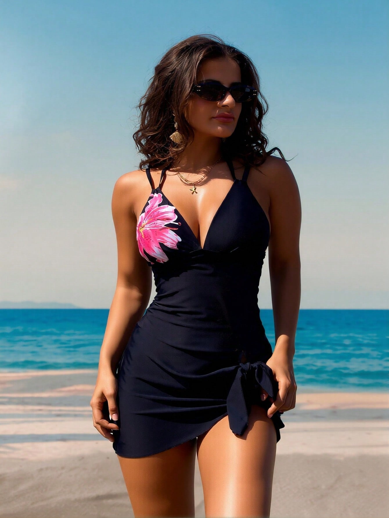 2026 New European Style Sexy One-Piece Swimwear, Pink Floral Print & High Slit, Slimming Butt-Lifting Vacation Swimsuit