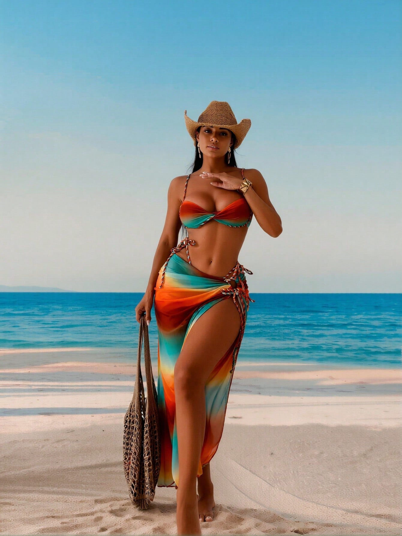 2026 New Luxury Gradient Bikini Set, Tie Bandeau & Tie Skirt, Sexy Vacation Tummy-Hiding Swimwear Bikini Set For Women