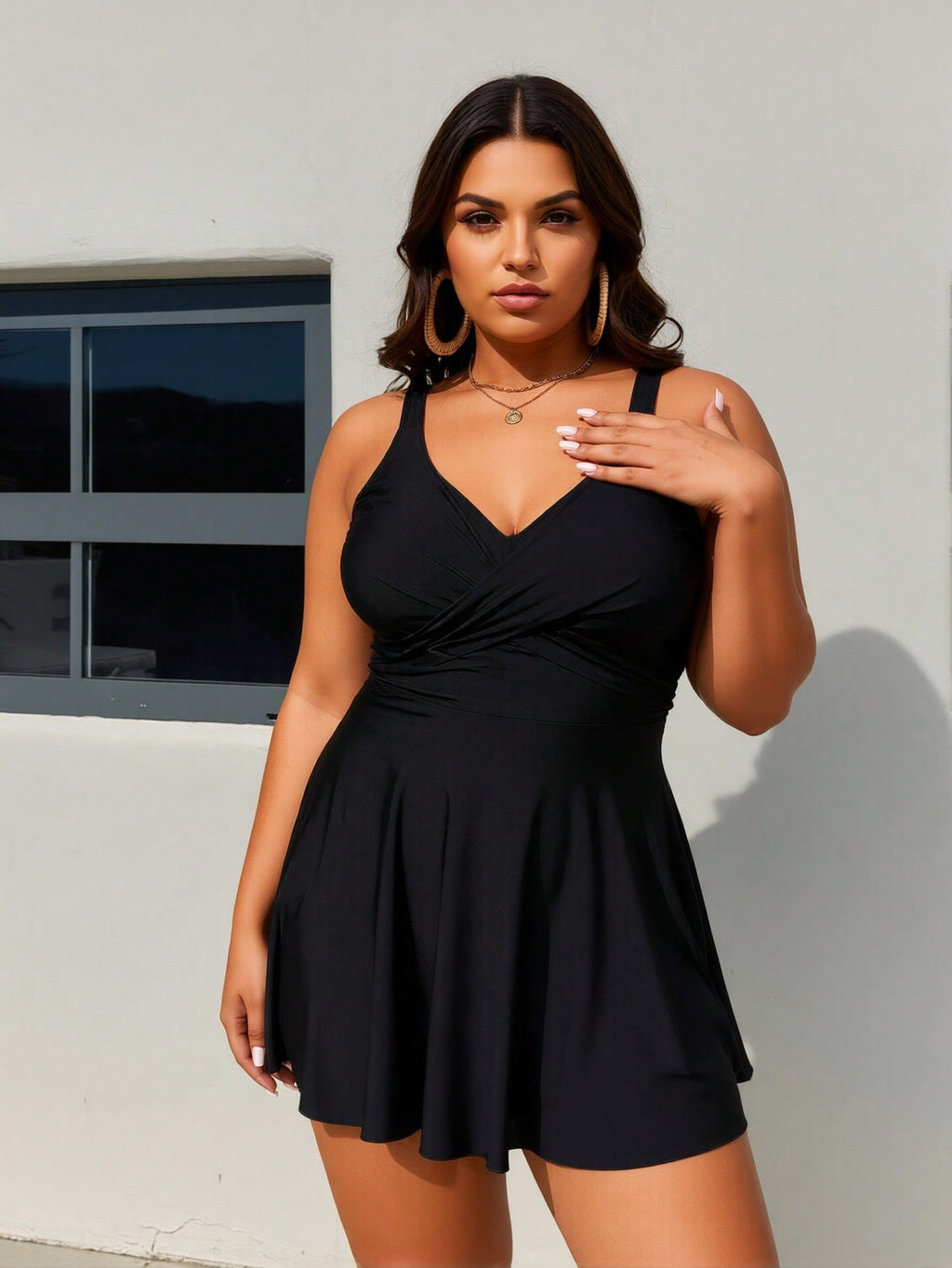 Plus Size Black Wrap V Neck Flared Hem Swimdress Swimsuits For Women
