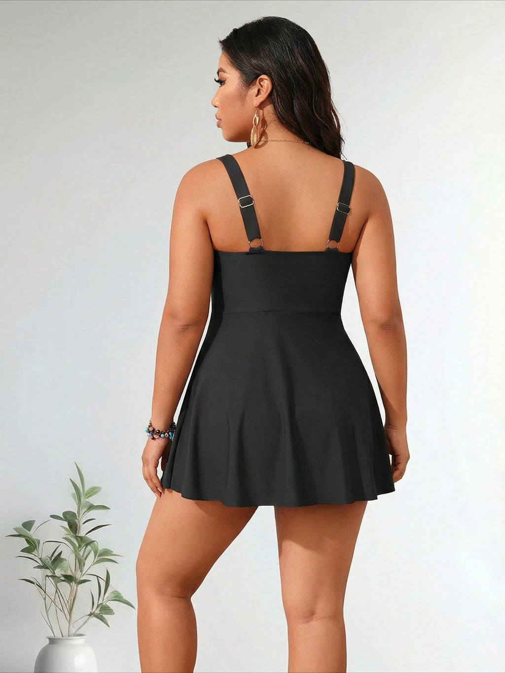 Plus Size Black Wrap V Neck Flared Hem Swimdress Swimsuits For Women