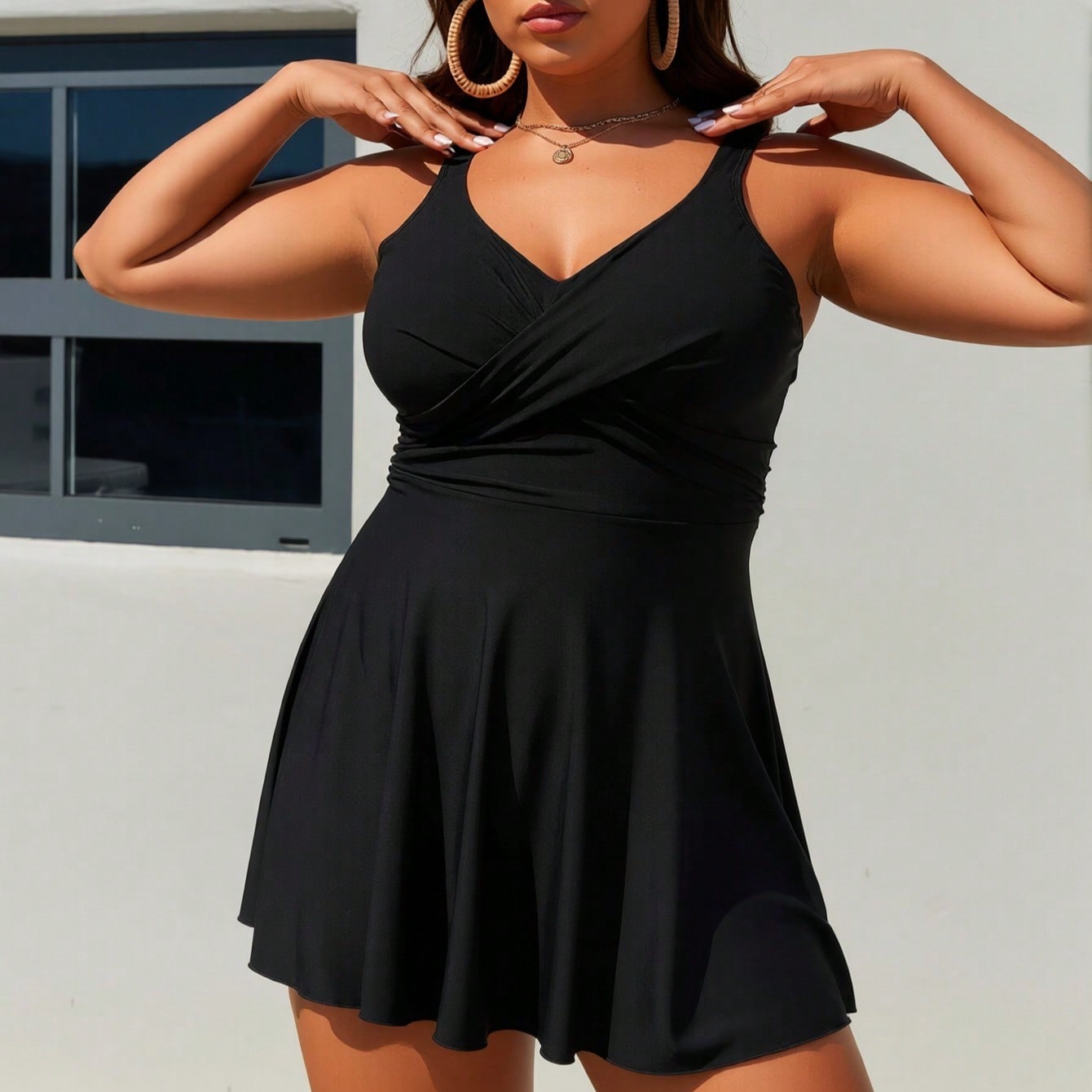 Plus Size Black Wrap V Neck Flared Hem Swimdress Swimsuits For Women